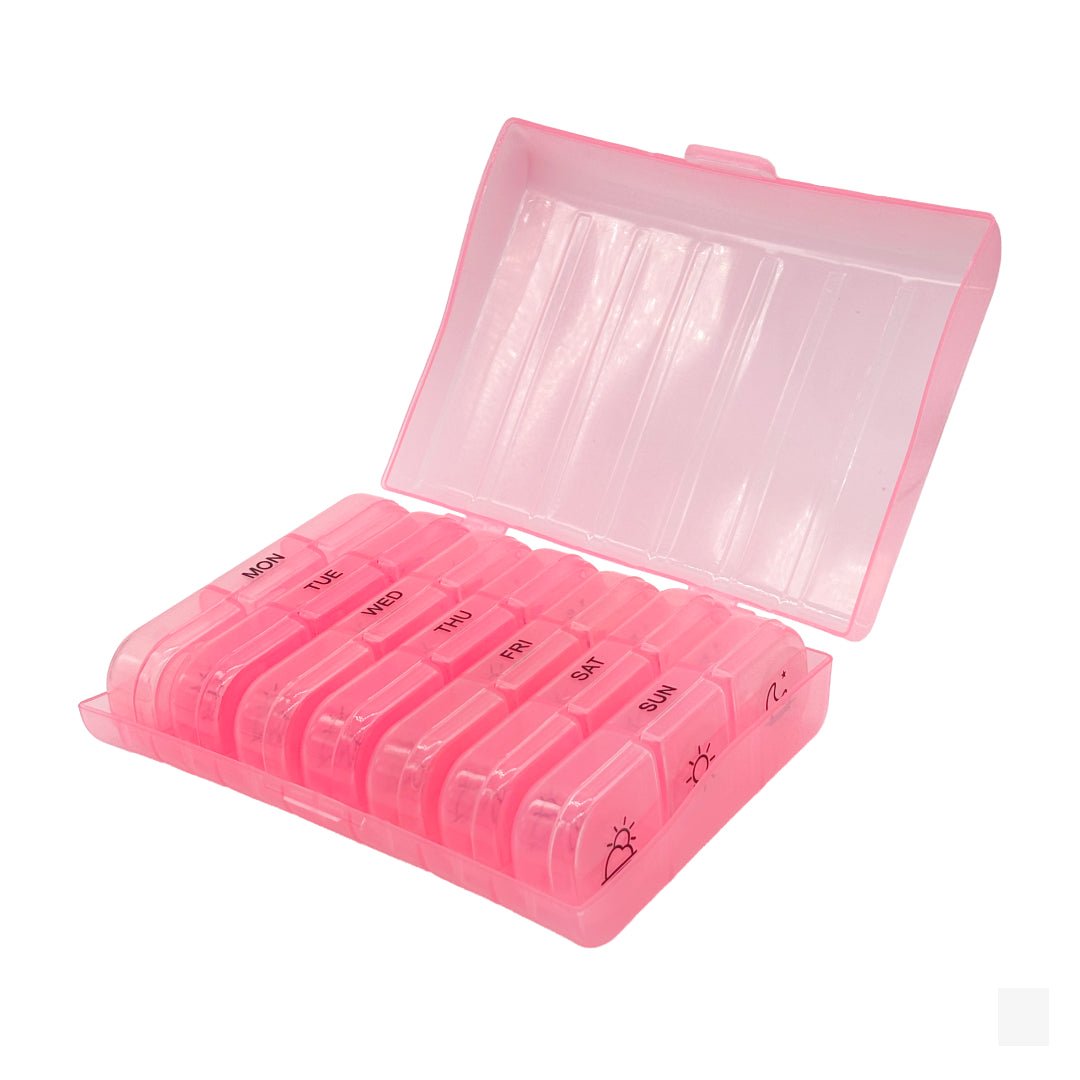 Pastillero con estuche rosado: Organizador semanal 3 tomas - Juby Care