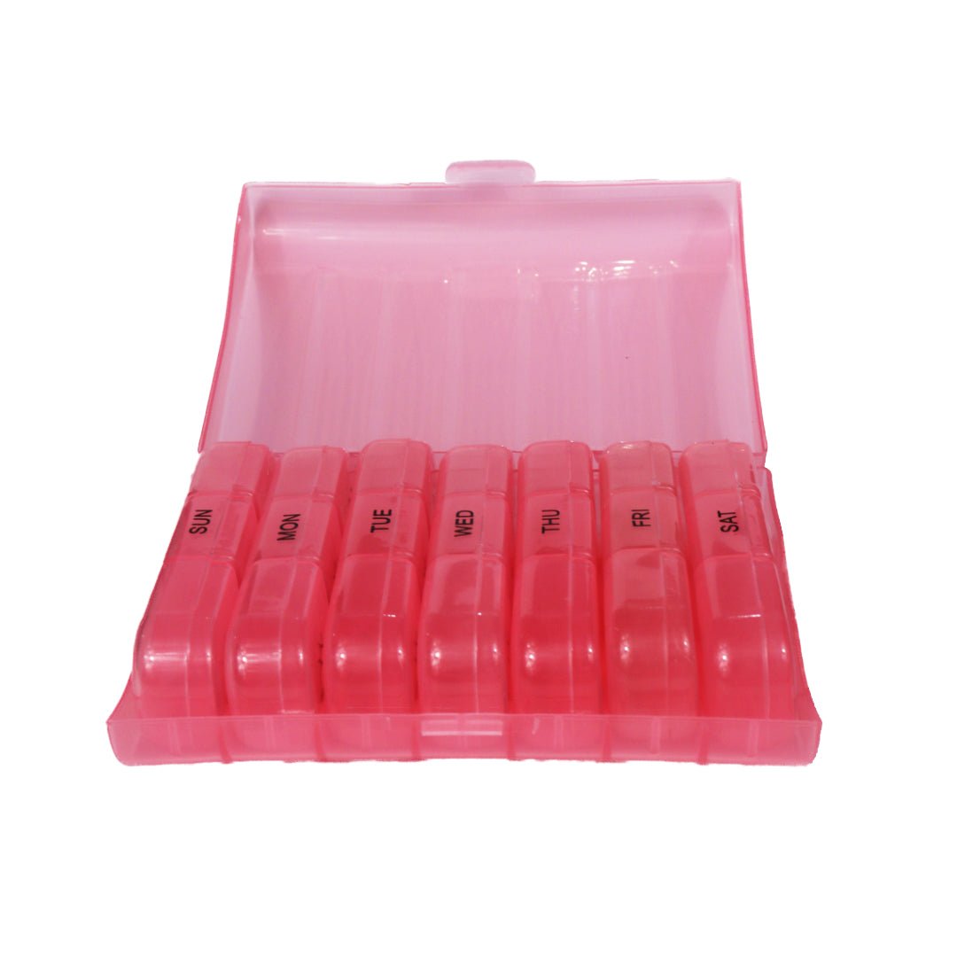 Pastillero con estuche rosado separado por tres compartimento de mañana, tarde, noche. - Juby Care